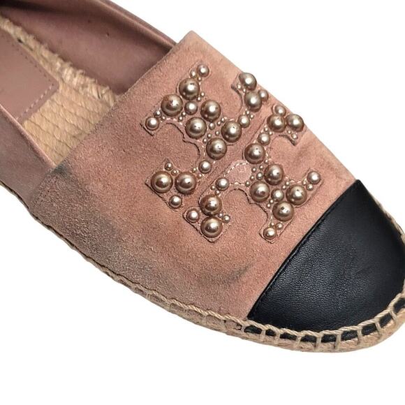 TORY BURCH Pearl Logo Flat Espadrille Suede-MEADOWSWEET size 6.5M - Picture 8 of 8